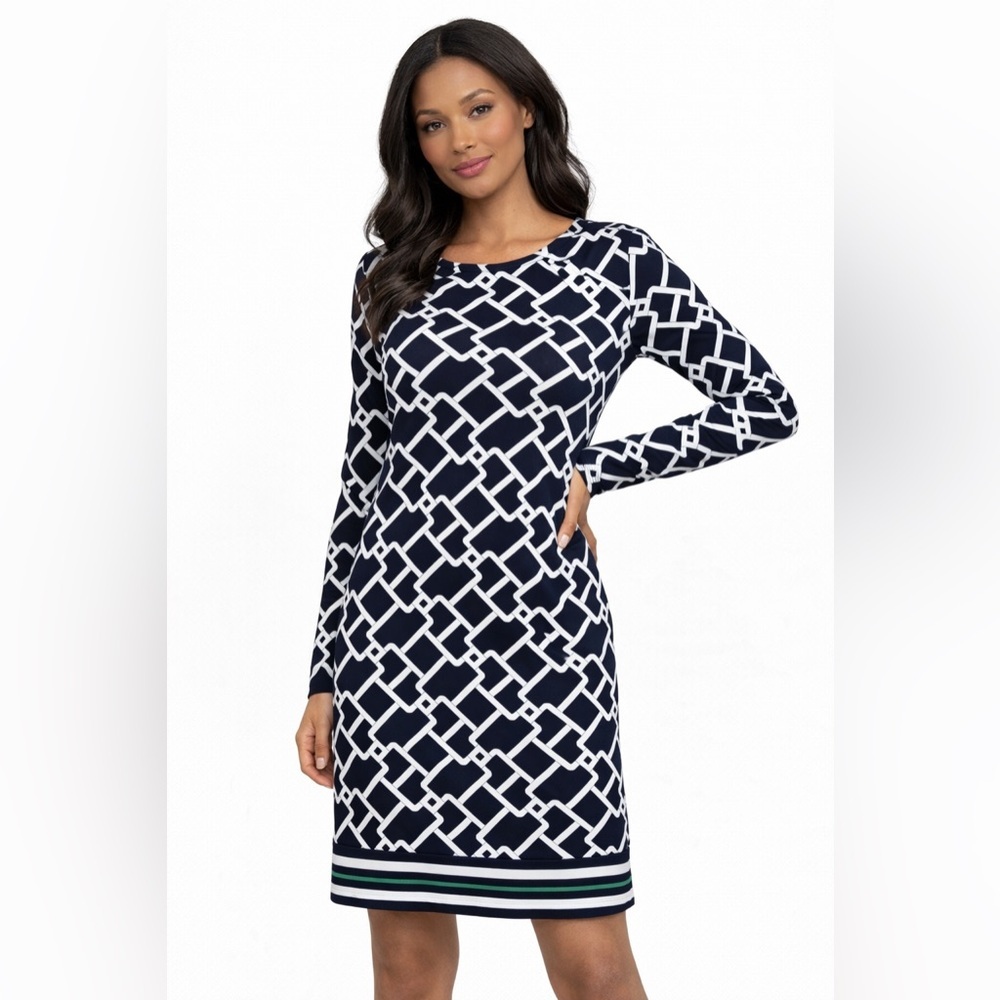 Michael Kors Navy and White Geometric Long Sleeve Dress